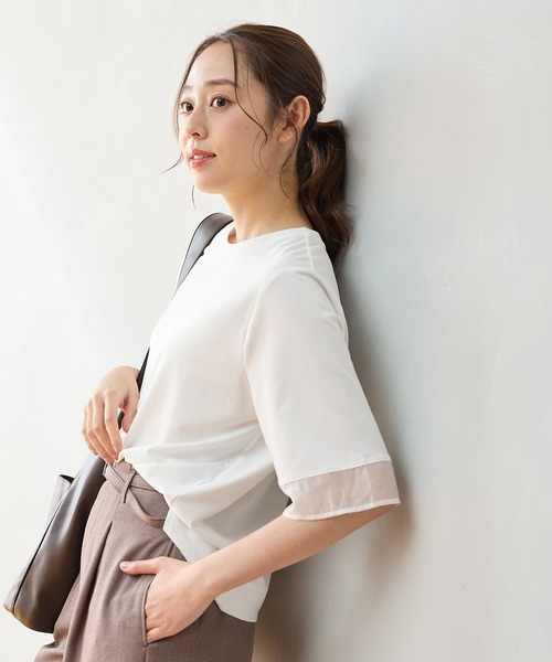 Honeys(ハニーズ)の「【ハニさら・接触冷感・UVカット】シアー切替トップス(Tシャツ/カットソー・レディース・オレンジ/モカ/アイボリー/ブラック/ブルー・L/LL/M/S)」の10枚目の写真