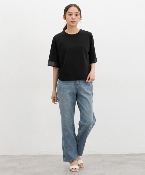 Honeys(ハニーズ)の「【ハニさら・接触冷感・UVカット】シアー切替トップス(Tシャツ/カットソー・レディース・オレンジ/モカ/アイボリー/ブラック/ブルー・L/LL/M/S)」の11枚目の写真