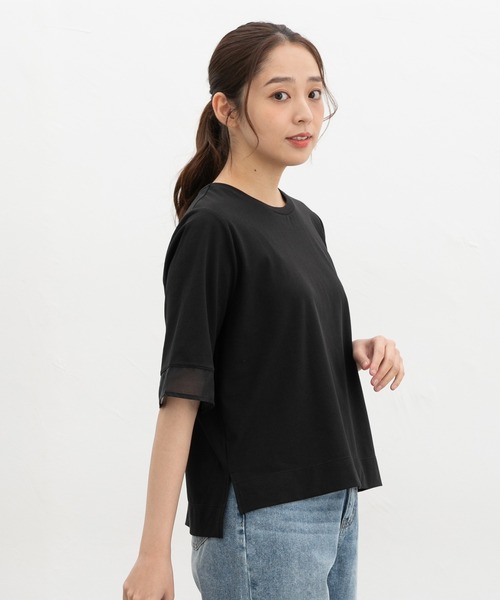 Honeys(ハニーズ)の「【ハニさら・接触冷感・UVカット】シアー切替トップス(Tシャツ/カットソー・レディース・オレンジ/モカ/アイボリー/ブラック/ブルー・L/LL/M/S)」の12枚目の写真