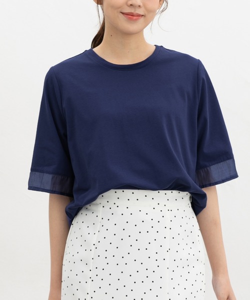 Honeys(ハニーズ)の「【ハニさら・接触冷感・UVカット】シアー切替トップス(Tシャツ/カットソー・レディース・オレンジ/モカ/アイボリー/ブラック/ブルー・L/LL/M/S)」の14枚目の写真