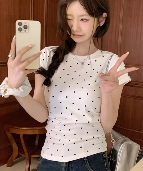 LAFFMO（ラフモ）の「クルーネックドットTシャツ（Tシャツ/カットソー・レディース・グレー/ホワイト・M/L）」の2枚目の写真