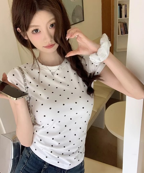 LAFFMO（ラフモ）の「クルーネックドットTシャツ（Tシャツ/カットソー・レディース・グレー/ホワイト・M/L）」の3枚目の写真