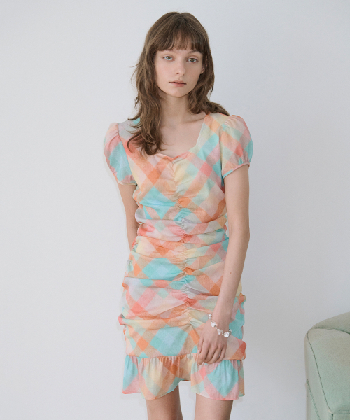 SINOON(シヌーン)の「Check Printed Shirring One-Piece (Orange)(ワンピース・レディース・オレンジ・MEDIUM/SMALL)」の3枚目の写真