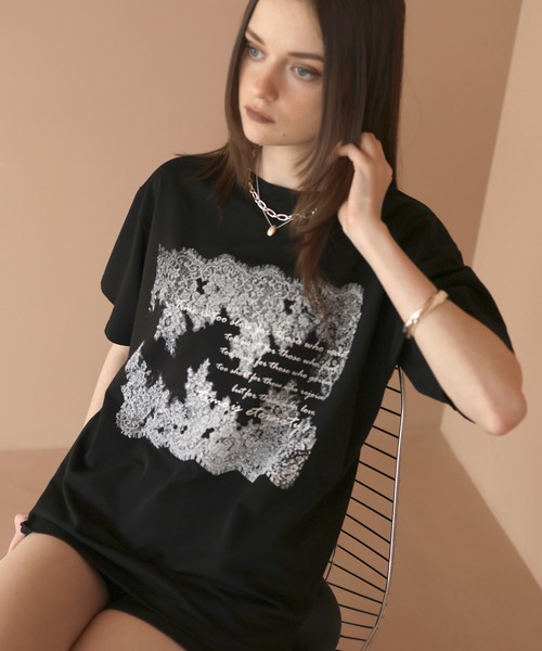 Mili affinity（ミリアフィニティー）の「レースプリントロゴTシャツ（Tシャツ/カットソー・レディース・ブラック/杢グレー/オフホワイト・FREE）」の4枚目の写真
