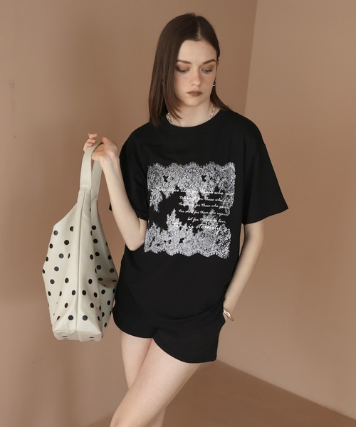 Mili affinity（ミリアフィニティー）の「レースプリントロゴTシャツ（Tシャツ/カットソー・レディース・ブラック/杢グレー/オフホワイト・FREE）」の5枚目の写真