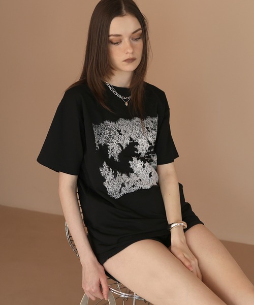 Mili affinity（ミリアフィニティー）の「レースプリントロゴTシャツ（Tシャツ/カットソー・レディース・ブラック/杢グレー/オフホワイト・FREE）」の9枚目の写真