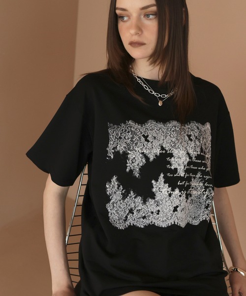 Mili affinity（ミリアフィニティー）の「レースプリントロゴTシャツ（Tシャツ/カットソー・レディース・ブラック/杢グレー/オフホワイト・FREE）」の10枚目の写真