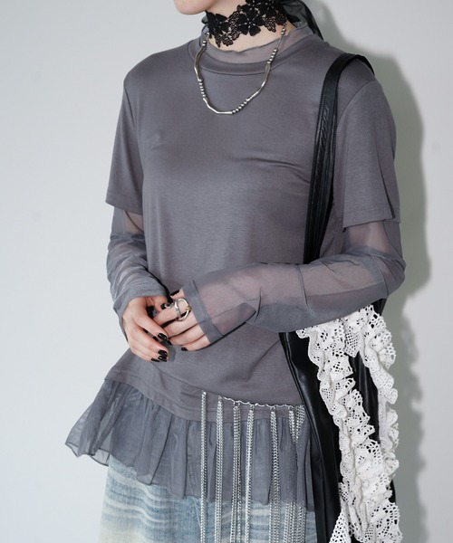 chuclla(チュクラ)の「シアーチュールレイヤードトップス chw26a035(Tシャツ/カットソー・レディース・グレー/ホワイト/ブラック・FREE)」の4枚目の写真
