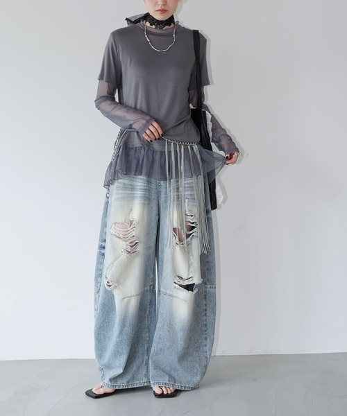chuclla(チュクラ)の「シアーチュールレイヤードトップス chw26a035(Tシャツ/カットソー・レディース・グレー/ホワイト/ブラック・FREE)」の5枚目の写真