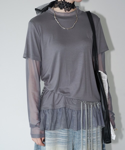 chuclla(チュクラ)の「シアーチュールレイヤードトップス chw26a035(Tシャツ/カットソー・レディース・グレー/ホワイト/ブラック・FREE)」の6枚目の写真