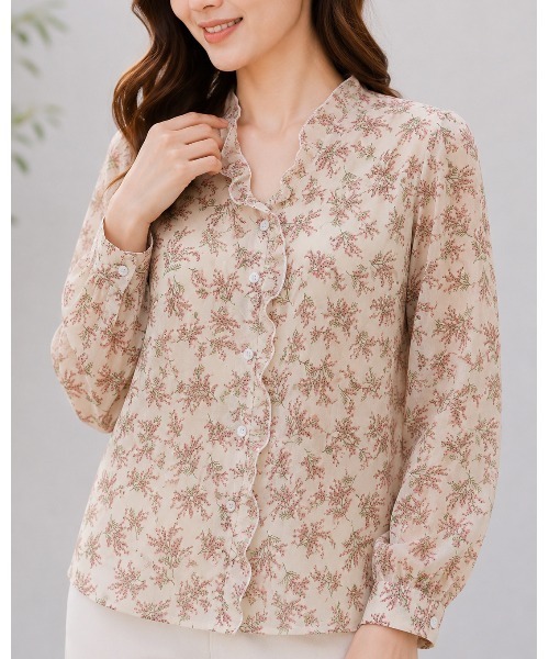 FAZVY(ファズビー)の「フリルネックシフォンブラウス(シャツ/ブラウス・レディース・ブルー/ベージュ/イエロー・M)」の1枚目の写真