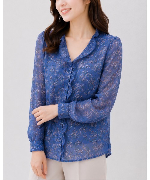 FAZVY(ファズビー)の「フリルネックシフォンブラウス(シャツ/ブラウス・レディース・ブルー/ベージュ/イエロー・M)」の2枚目の写真