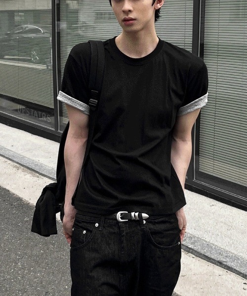 COSYHARU(コシハル)の「カラーブロックロールアップセミクロップ半袖Tシャツ(Tシャツ/カットソー・メンズ・グレー/チャコール/ブラック/ネイビー/アイボリー/バーガンディー・FREE)」の20枚目の写真