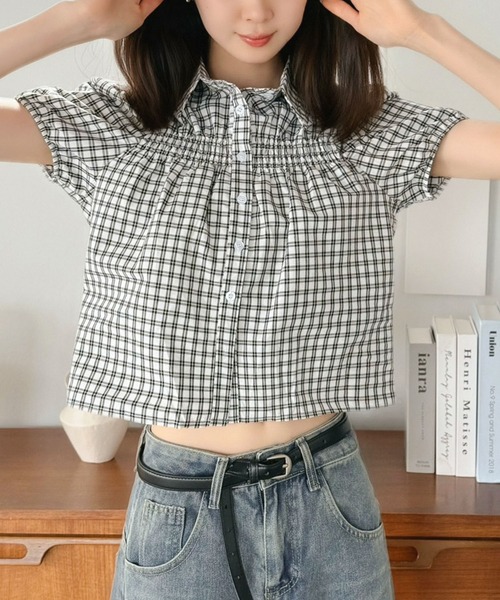 Jewelobe(ジュエローブ)の「チェックシャーリングブラウス(シャツ/ブラウス・レディース・ブラック系その他/ブルー・FREE)」の2枚目の写真