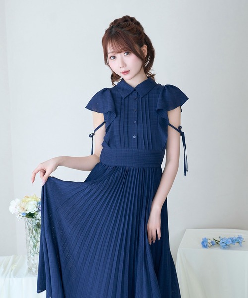 Rose Muse（ロゼミューズ）の「Sheer check pleats dress（シャツワンピース・レディース・ネイビー/ホワイト・FREE）」の5枚目の写真