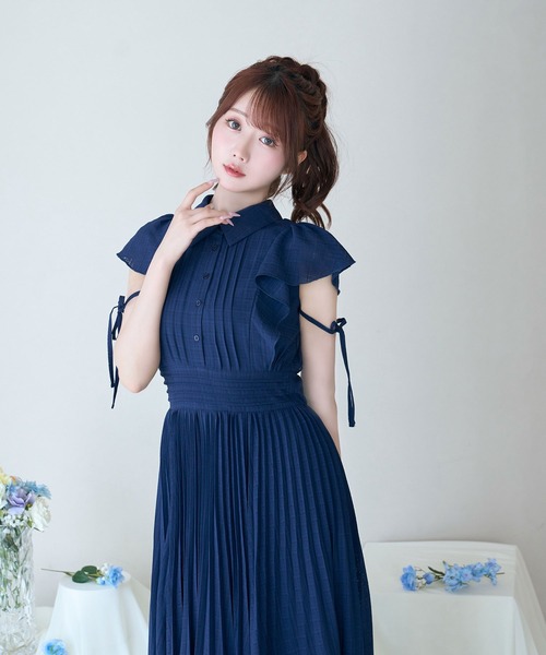 Rose Muse（ロゼミューズ）の「Sheer check pleats dress（シャツワンピース・レディース・ネイビー/ホワイト・FREE）」の6枚目の写真