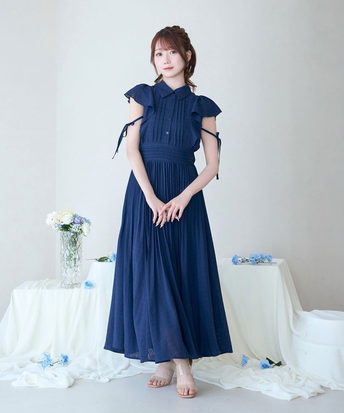 Rose Muse（ロゼミューズ）の「Sheer check pleats dress（シャツワンピース・レディース・ネイビー/ホワイト・FREE）」の7枚目の写真