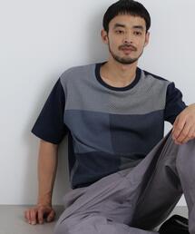 切替チェックニットTシャツ 半袖
