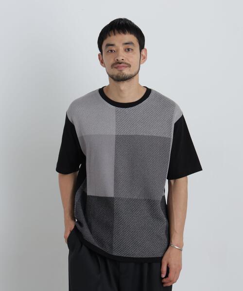 NANO universe(ナノユニバース)の「切替チェックニットTシャツ 半袖(ニット/セーター・メンズ・グリーン/ネイビー/グレー・S/M/L)」の2枚目の写真