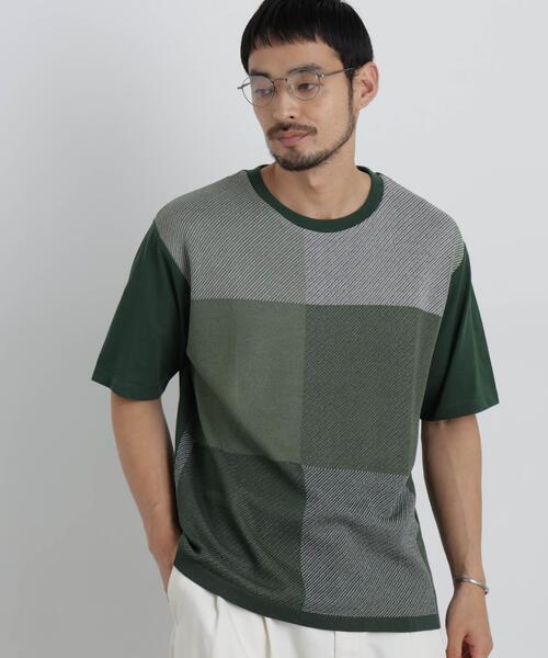NANO universe(ナノユニバース)の「切替チェックニットTシャツ 半袖(ニット/セーター・メンズ・グリーン/ネイビー/グレー・S/M/L)」の3枚目の写真