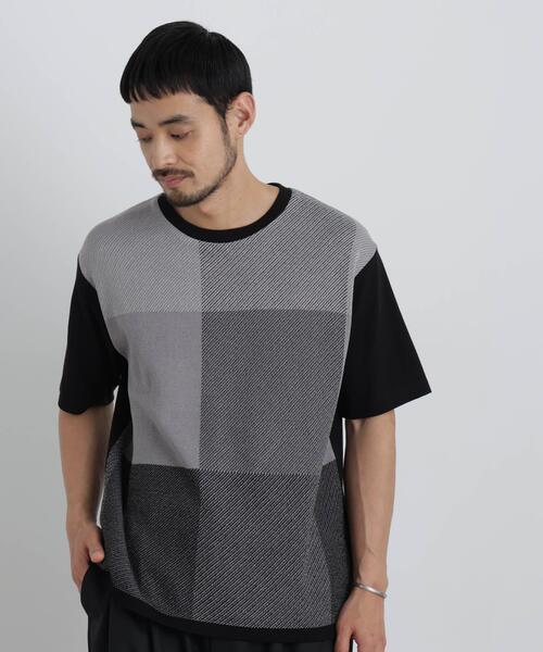 NANO universe(ナノユニバース)の「切替チェックニットTシャツ 半袖(ニット/セーター・メンズ・グリーン/ネイビー/グレー・S/M/L)」の4枚目の写真