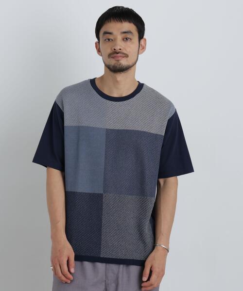 NANO universe(ナノユニバース)の「切替チェックニットTシャツ 半袖(ニット/セーター・メンズ・グリーン/ネイビー/グレー・S/M/L)」の11枚目の写真