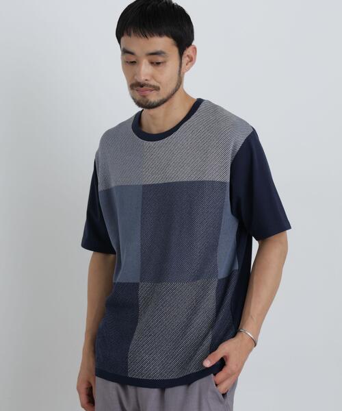 NANO universe(ナノユニバース)の「切替チェックニットTシャツ 半袖(ニット/セーター・メンズ・グリーン/ネイビー/グレー・S/M/L)」の12枚目の写真