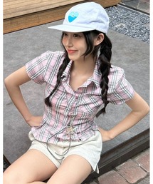 裾タックチェック半袖コンパクトシャツ