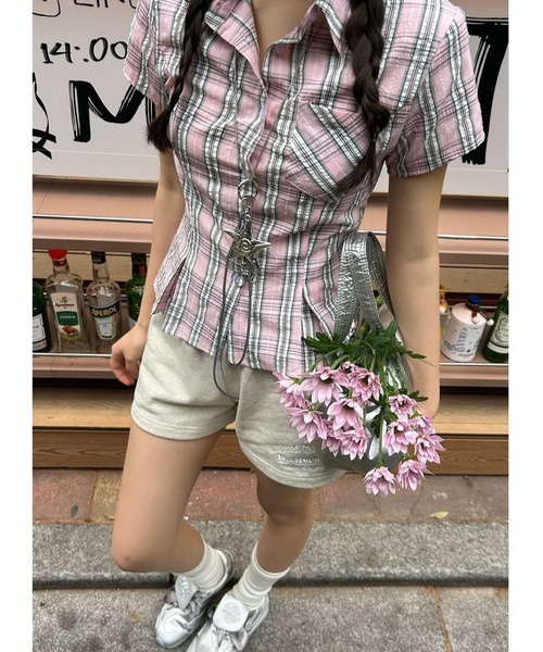 inst.ALL(インストール)の「裾タックチェック半袖コンパクトシャツ(シャツ/ブラウス・レディース・ピンク・M)」の8枚目の写真