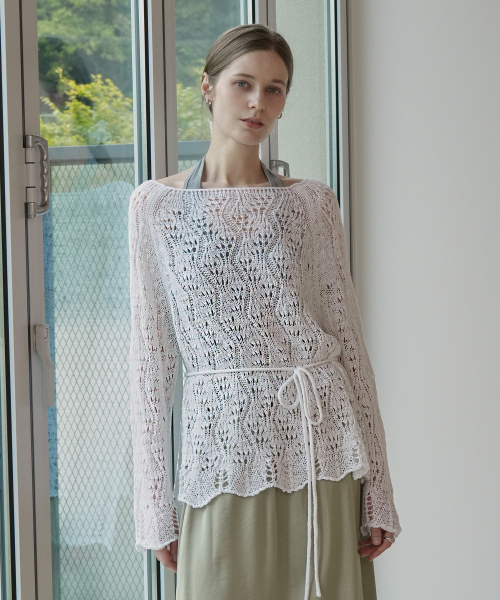VLETI（ブレッティ）の「Contrast Neck Raglan Wave Trim Knit & Waist Strin (white)（ニット/セーター・レディース・ホワイト・FREE）」の2枚目の写真