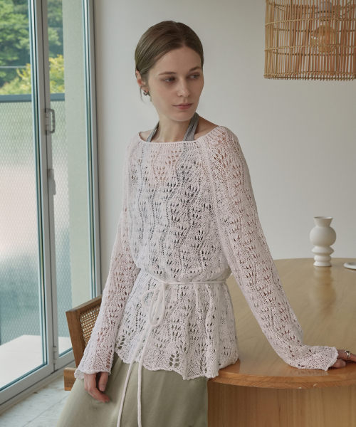 VLETI（ブレッティ）の「Contrast Neck Raglan Wave Trim Knit & Waist Strin (white)（ニット/セーター・レディース・ホワイト・FREE）」の3枚目の写真