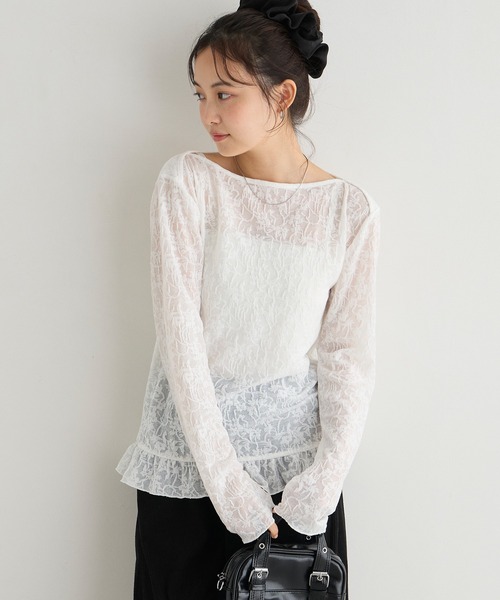 forksy.(フォルクシー)の「【forksy.】<エブリデイシリーズ>花柄レース ボートネック メローフリルトップス(Tシャツ/カットソー・レディース・グレー/ライム/アイボリー/ブラック/イエロー/ライトブルー・L/M)」の1枚目の写真