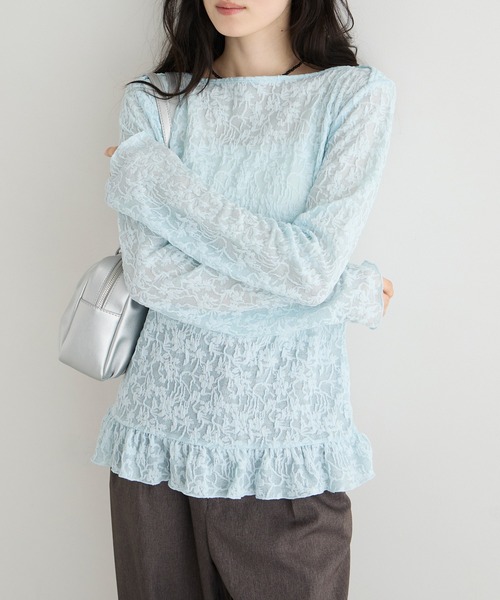 forksy.(フォルクシー)の「【forksy.】<エブリデイシリーズ>花柄レース ボートネック メローフリルトップス(Tシャツ/カットソー・レディース・グレー/ライム/アイボリー/ブラック/イエロー/ライトブルー・L/M)」の5枚目の写真