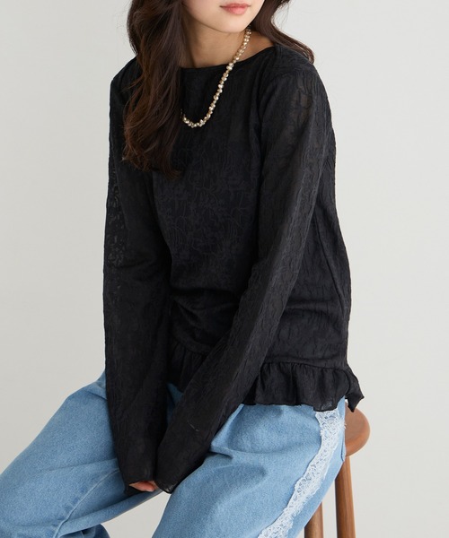 forksy.(フォルクシー)の「【forksy.】<エブリデイシリーズ>花柄レース ボートネック メローフリルトップス(Tシャツ/カットソー・レディース・グレー/ライム/アイボリー/ブラック/イエロー/ライトブルー・L/M)」の2枚目の写真