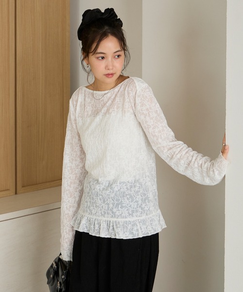 forksy.(フォルクシー)の「【forksy.】<エブリデイシリーズ>花柄レース ボートネック メローフリルトップス(Tシャツ/カットソー・レディース・グレー/ライム/アイボリー/ブラック/イエロー/ライトブルー・L/M)」の11枚目の写真