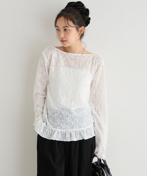 forksy.(フォルクシー)の「【forksy.】<エブリデイシリーズ>花柄レース ボートネック メローフリルトップス(Tシャツ/カットソー・レディース・グレー/ライム/アイボリー/ブラック/イエロー/ライトブルー・L/M)」の13枚目の写真