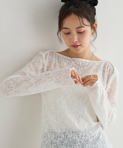 forksy.(フォルクシー)の「【forksy.】<エブリデイシリーズ>花柄レース ボートネック メローフリルトップス(Tシャツ/カットソー・レディース・グレー/ライム/アイボリー/ブラック/イエロー/ライトブルー・L/M)」の16枚目の写真