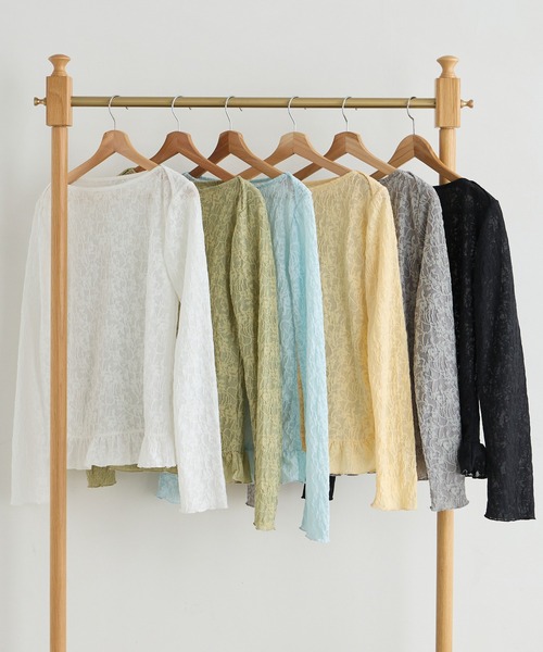 forksy.(フォルクシー)の「【forksy.】<エブリデイシリーズ>花柄レース ボートネック メローフリルトップス(Tシャツ/カットソー・レディース・グレー/ライム/アイボリー/ブラック/イエロー/ライトブルー・L/M)」の8枚目の写真