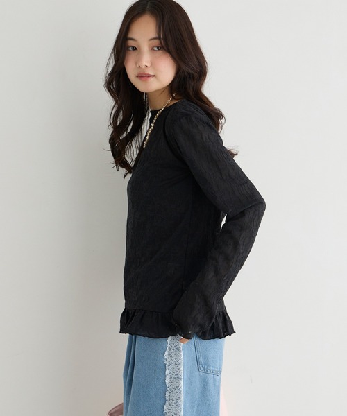 forksy.(フォルクシー)の「【forksy.】<エブリデイシリーズ>花柄レース ボートネック メローフリルトップス(Tシャツ/カットソー・レディース・グレー/ライム/アイボリー/ブラック/イエロー/ライトブルー・L/M)」の21枚目の写真
