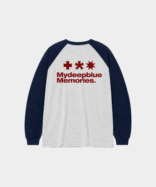 mydeepbluememories(マイディープブルーメモリーズ)の「Mm Symbol Logo Raglan Tee (GREY/NAVY)(Tシャツ/カットソー・レディース・グレー×サックスブルー・WOMENS/MENS)」の1枚目の写真