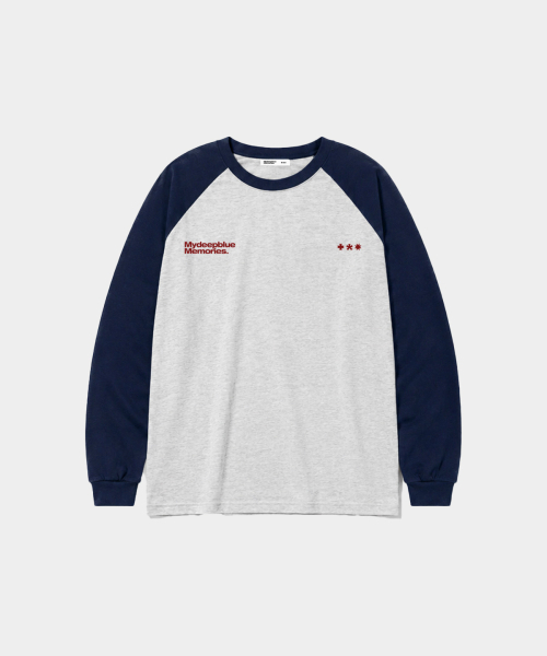 mydeepbluememories(マイディープブルーメモリーズ)の「Mm Symbol Logo Raglan Tee (GREY/NAVY)(Tシャツ/カットソー・レディース・グレー×サックスブルー・WOMENS/MENS)」の2枚目の写真