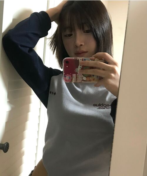 mydeepbluememories(マイディープブルーメモリーズ)の「Mm Symbol Logo Raglan Tee (GREY/NAVY)(Tシャツ/カットソー・レディース・グレー×サックスブルー・WOMENS/MENS)」の3枚目の写真