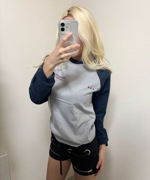 mydeepbluememories(マイディープブルーメモリーズ)の「Mm Symbol Logo Raglan Tee (GREY/NAVY)(Tシャツ/カットソー・レディース・グレー×サックスブルー・WOMENS/MENS)」の6枚目の写真