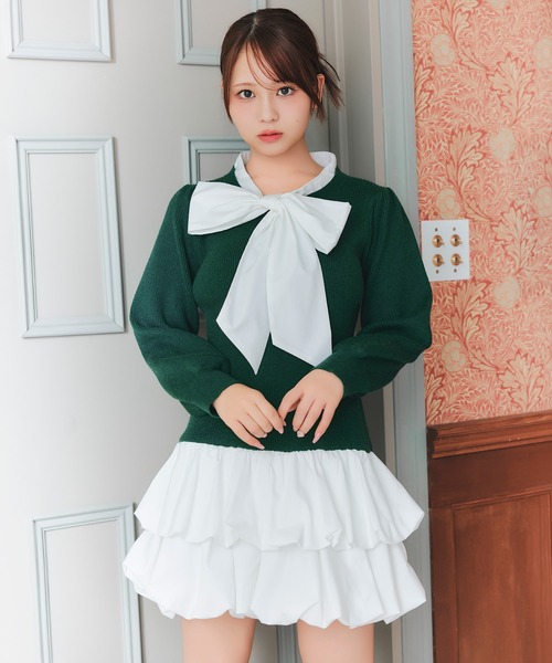 REDYAZEL(レディアゼル)の「【=LOVE 大場花菜さん着用】ビッグリボンティアードニットシャツミニワンピース(ワンピース・レディース・ネイビー/グリーン/ライトグレー・FREE)」の3枚目の写真