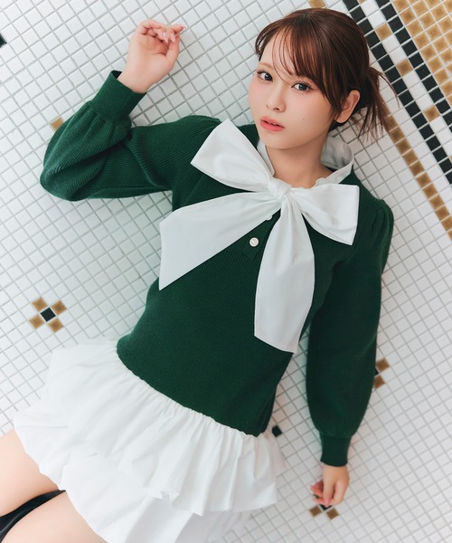 REDYAZEL(レディアゼル)の「【=LOVE 大場花菜さん着用】ビッグリボンティアードニットシャツミニワンピース(ワンピース・レディース・ネイビー/グリーン/ライトグレー・FREE)」の5枚目の写真