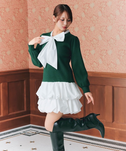 REDYAZEL(レディアゼル)の「【=LOVE 大場花菜さん着用】ビッグリボンティアードニットシャツミニワンピース(ワンピース・レディース・ネイビー/グリーン/ライトグレー・FREE)」の7枚目の写真