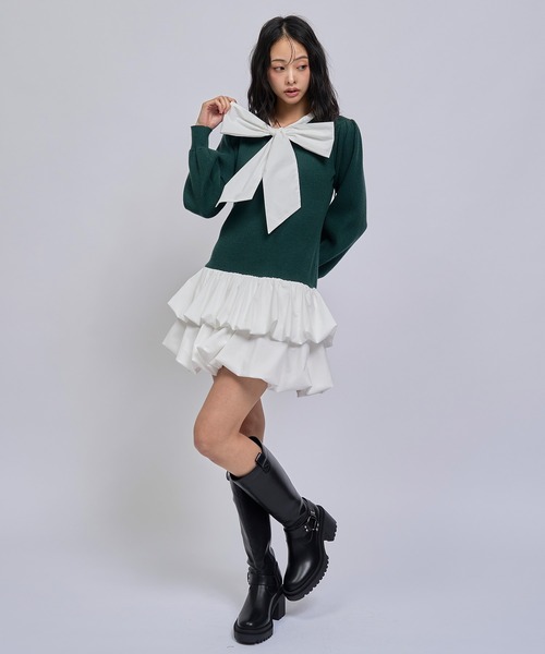 REDYAZEL(レディアゼル)の「【=LOVE 大場花菜さん着用】ビッグリボンティアードニットシャツミニワンピース(ワンピース・レディース・ネイビー/グリーン/ライトグレー・FREE)」の8枚目の写真