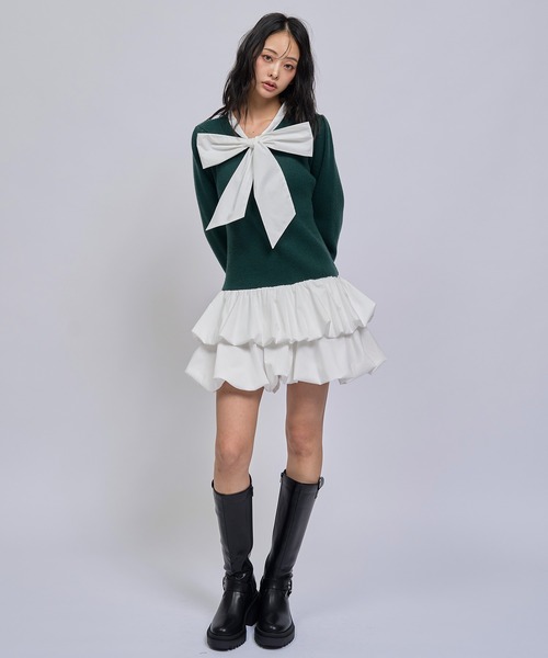 REDYAZEL(レディアゼル)の「【=LOVE 大場花菜さん着用】ビッグリボンティアードニットシャツミニワンピース(ワンピース・レディース・ネイビー/グリーン/ライトグレー・FREE)」の9枚目の写真