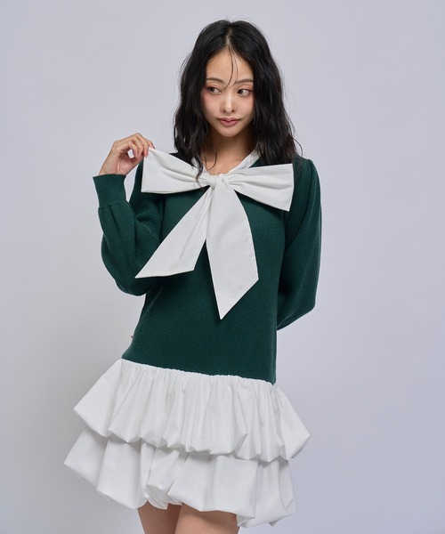REDYAZEL(レディアゼル)の「【=LOVE 大場花菜さん着用】ビッグリボンティアードニットシャツミニワンピース(ワンピース・レディース・ネイビー/グリーン/ライトグレー・FREE)」の10枚目の写真
