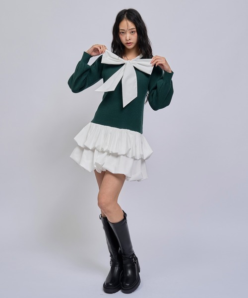 REDYAZEL(レディアゼル)の「【=LOVE 大場花菜さん着用】ビッグリボンティアードニットシャツミニワンピース(ワンピース・レディース・ネイビー/グリーン/ライトグレー・FREE)」の11枚目の写真